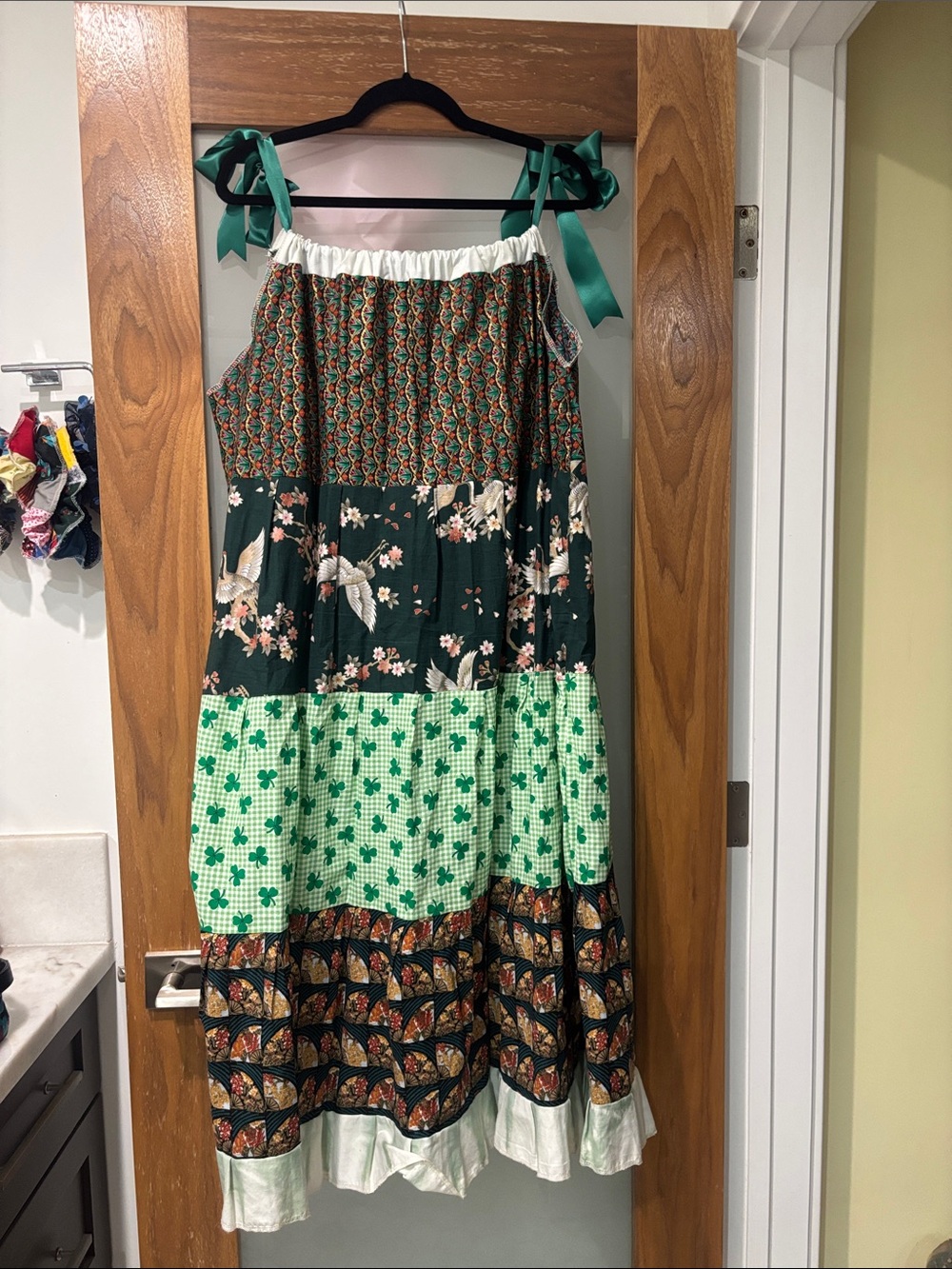 Handmade Green Patchwork Floral Maxi Dress with Tie Shoulder Straps